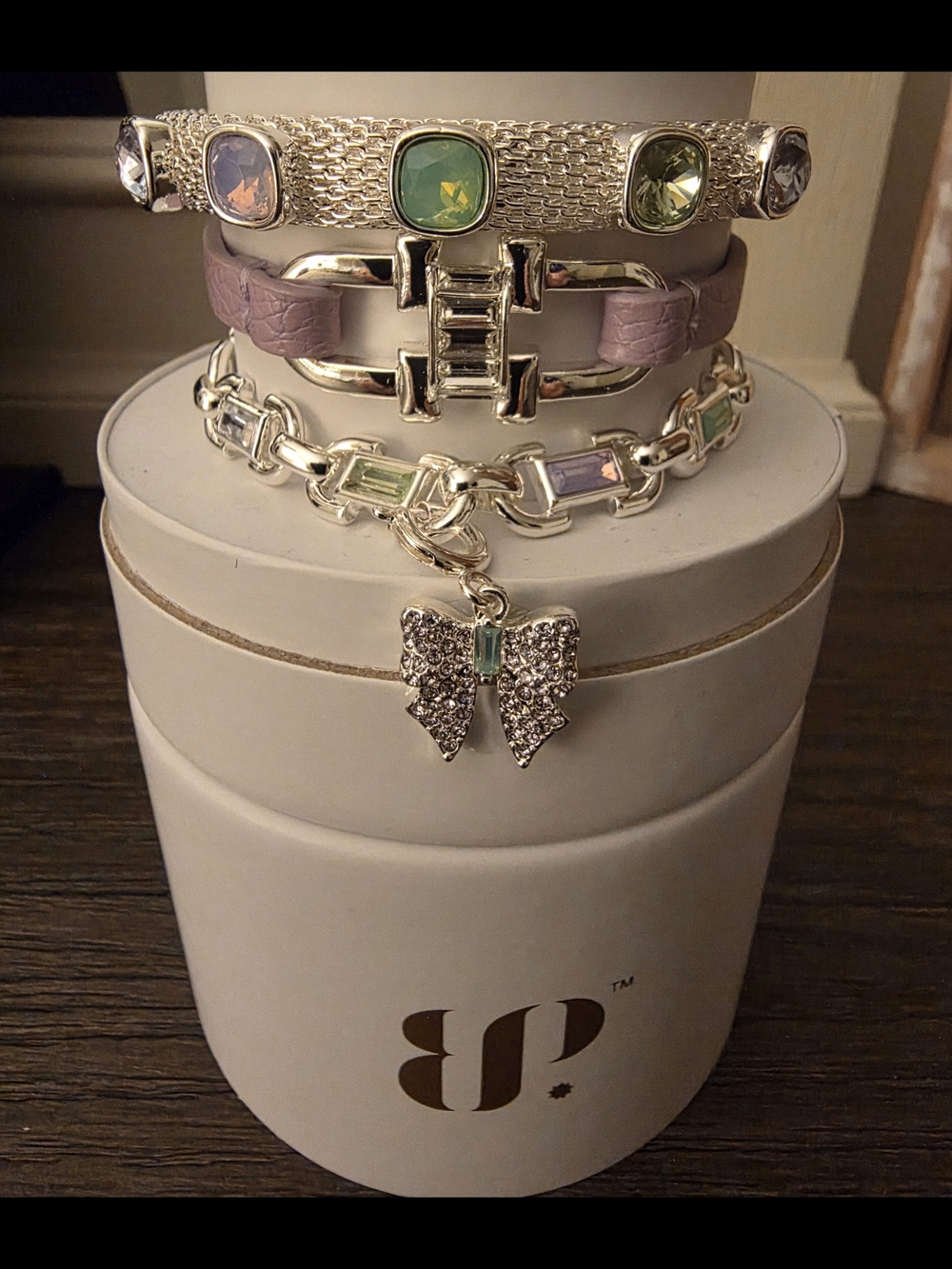 BP Silver Multi-Row Bracelet Set with Lavender Band and Pastel Gems